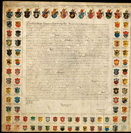 charter from 1596 showing the arms of cities in Württemberg