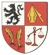 alt-Blason de Guewenheim / Arms of Guewenheim]] Official blazon French Écartelé: au 1er d'argent au lion de sable armé et lampassé de gueules, au 2e de gueules au soc de charrue d'or posé en pal la pointe vers le haut et appointé à un coutre du même posé en bande, au 3e de gueules à deux bars adossés d'or, au 4e d'argent à la balance potencée de gueules, le balancier posé en barre. English No blazon/translation known. Please click here to send your (heraldic !) blazon or translation Origin/meaning The lion is taken from the arms of the abbey of Masevaux. This abbey possessed grounds in Guewenheim, and the court of the abbey held once a year a session in Guewenheim, which is symbolised by the scales. The ploughs are a symbol for agriculture and are the old village symbol. The fish are derived from the arms of the counts of Ferrette, who historically played a major role in Guewenheim. Contact and Support Facebook Instagram Donate with Paypal Donate with WhyDonate eBay shop Rare heraldic book downloads Partners: Webaldic heraldic identifying programme Nederlands Genootschap voor Heraldiek Armorial de France Homunculus / Heraldicum Disputationes De Raaf heraldic design Your logo here ? Contact us © since 1995, Heraldry of the World, Ralf Hartemink Index of the site Literature : Image taken from <a href=http://cdhf.telmat-net.fr/villages>here