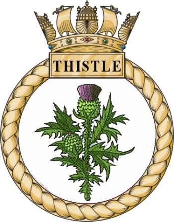 Coat of arms (crest) of the HMS Thistle, Royal Navy